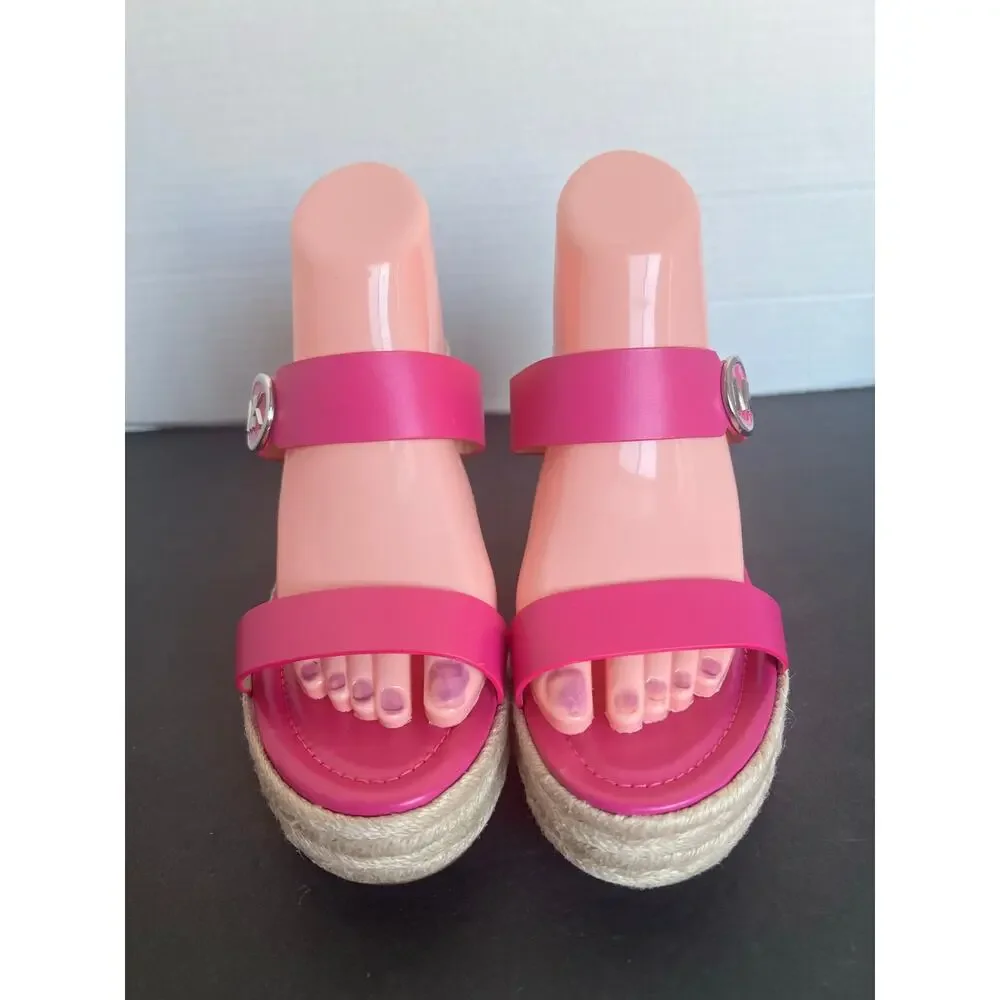Michael Kors Leather Hot Pink Lucinda Slip On Espadrille Jute Wedge Sandals 10 - Picture 3 of 10
